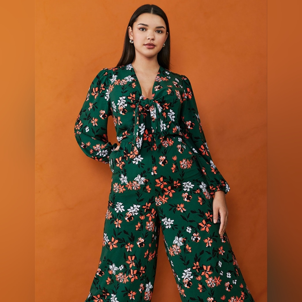 Eloquii Green Floral Tie-Front Jumpsuit